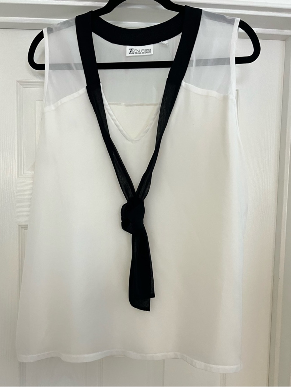 7th Ave NY&C White Sleeveless Blouse with Black Tie-Neck